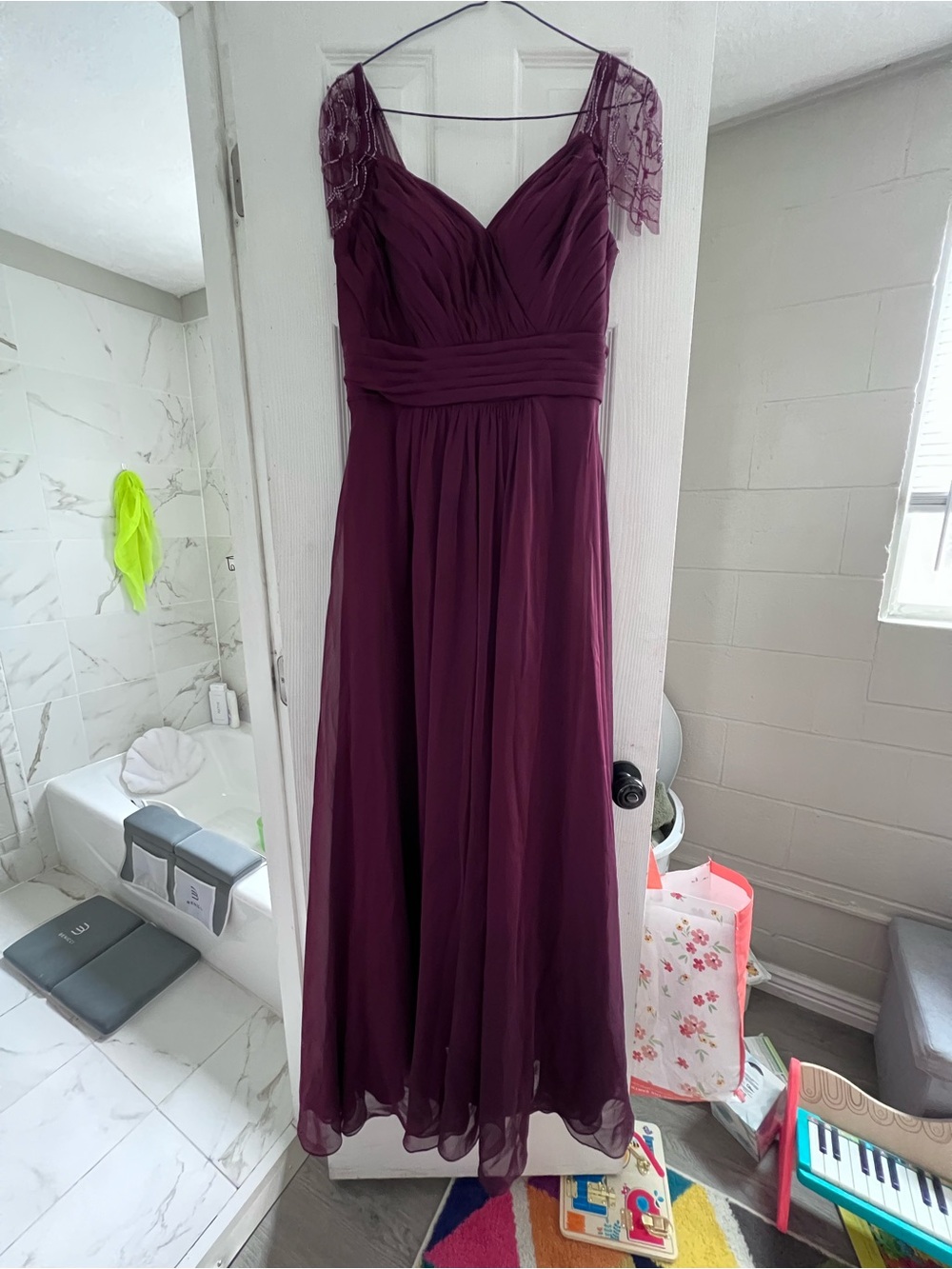 Deep Maroon Chiffon Wedding Bridesmaid with Lace and beaded Cap Sleeves